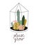 Terrarium with succulents and cacti in scandinavian style with lettering - `please grow`. Vector illustration with home plants.