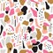 Terrazzo seamless pattern. Vector abstract background with chaotic stains. Collage design in gold and magenta.