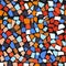 Terrazzo swamless pattern with colorful rock pieces. Abstract backdrop with bright stone sprinkles scattered on black background.