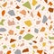 Terrazzo Tile Flooring venetian style with little pebbles seamless pattern in gray, brown, green and orange.