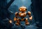 A terrestrial animal robot stands on a rock in a dark cave