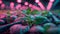 A terrestrial plant is sprouting from the ground under pink and blue lights