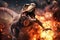 A terrible dinosaur Velociraptor with an open huge mouth against a background of fire and smoke in the burning primeval jungle.