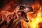 A terrible dinosaur Velociraptor with an open huge mouth against a background of fire and smoke in the burning primeval jungle.