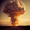 Terrible explosion of a nuclear bomb with a mushroom in the desert. Hydrogen bomb test. Nuclear catastrophe. generative