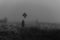 terrible man in a hooded cloak with balloons in his hand stands in a foggy field