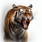 Terrible tiger is angry, growls baring huge fangs, isolated on white, close-up.