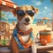 Terrier dog wearing funny glasses on summer vacation at seaside resort and relaxing vacation on summer beach.