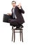 Terrified businessman holding briefcase standing on a chair and