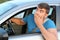 Terrified male driver feeling guilty