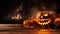 Terrifying Encounter Scary Halloween Pumpkin on Weathered Wooden Planks. created with Generative AI