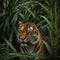 A terrifying tiger hidden among the dark green large palm leaves.