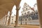 The territory of the old horse yard. The architecture of the building with a colonnade along the entire facade in the Baroque