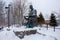 Tesla statue at Niagara Falls in a snowing day