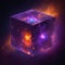 a tesseract floating in a nebula in outer space