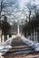 Test launch of fountains in the Peterhof palace and park complex. Snow and fountains