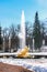 Test launch of fountains in the Peterhof palace and park complex. Snow and fountains