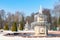 Test launch of fountains in the Peterhof palace and park complex. Snow and fountains