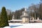 Test launch of fountains in the Peterhof palace and park complex. Snow and fountains