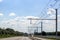 Test track with electric overhead contact wire for hybrid trucks on E-Highway in Luebeck, Germany, copy space