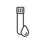 Test tube with cap and drop of blood. Linear icon of medical blood sampling. Black simple illustration of elongated container with