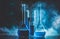 Test tube and flask with blue liquid and blue smoke. Chemistry and laboratory concept