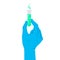 Test tube in the hand. Vector illustration of gloved hand holding a test tube. Icon of a bright green fluid in a vial. Concept of
