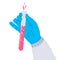 Test tube in the hand. Vector illustration of a gloved hand holding a test tube. Icon of a bright pink fluid in a vial. Concept of