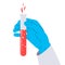 Test tube in the hand. Vector illustration of a gloved hand holding a test tube. Icon of a bright red liquid in a vial. Concept of