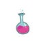 Test tube vector color outlined sketch icon isolated on white background. Hand drawn round bulb with pink bubble liquid . Tubes