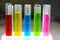 Test tubes with colored aqueos solutions of dyes.