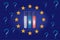 Test tubes with white, red and blue liquid against the background of the flag of the European Union