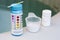 tester with tablet and powder of chlorine or bromide for mainteance of water quality of jacuzzi or spa