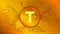 Tether cryptocurrency token symbol, USDT coin icon in circle with pcb on gold background.