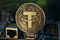 Tether USDT cryptocurrency physical coin placed on micro sheme
