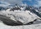 Tetnuldi mountain, rocky peaks with snow in Svanetia Caucasian mountains in Georgia