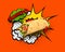 Tex Mex Mexican burrito on retro halftone bubbles