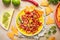 Tex Mex Pico de Gallo tomato salsa or salad with nacho tortilla chips