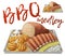 Texas BBQ medley icon. Vector illustration barbecue meat on tin tray with white onions and gerkins