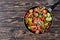 Texas caviar on a skillet, top view, flat lay