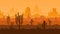 Texas desert sunset. Arizona landscape, valley of cacti with mountains silhouettes background panoramic vector