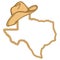 Texas map with lasso rope frame and cowboy hat isolated on white for design. Texas color sign symbol