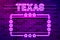 Texas US State glowing purple neon lettering and a rectangular frame with stars