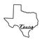 Texas US state outline map with the handwritten state name. Continuous line drawing of patriotic home sign