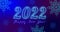 Text 2022 Happy New Year with a glowing neon border on snowflakes background