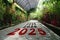 The text 2025 is written on the brick road and the male runner prepares to welcome the new year.