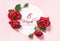 Text 8 March. Happy women s day. Creative layout with red roses, paper round over pink pastel background. Top view, flat lay.