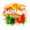 Text autumn in paper style on multicolor background with autumn leaves. Hand drawn grunge blots elements. Fall style for autumn sa