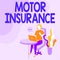 Text caption presenting Motor Insurance. Word for Provides financial compensation to cover any injuries Woman Sitting