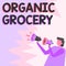 Text caption presenting Organic Grocery. Conceptual photo market with foods grown without the use of fertilizers